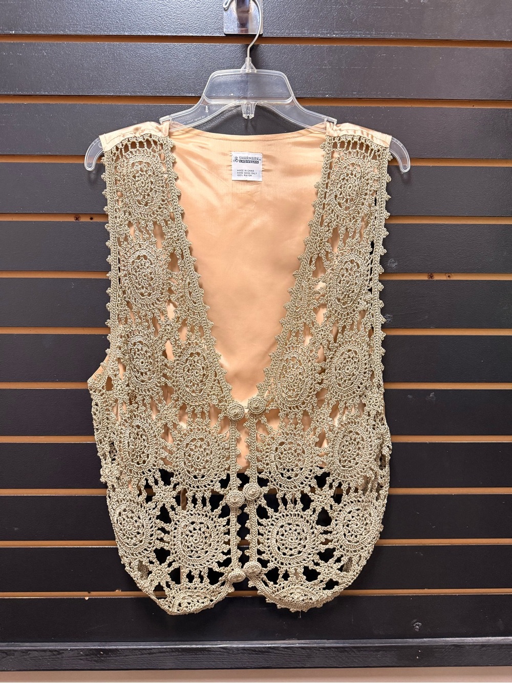 Sharmark Las Vegas Crochet Medallion Vest Gold Tan Boho Vintage M
